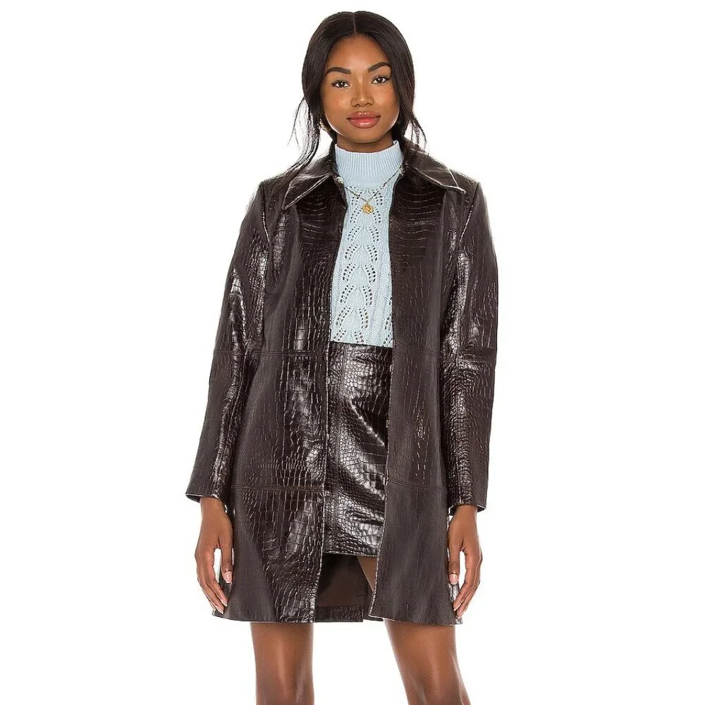 ALICE + OLIVIA Women's Chocolate Brown Logan Snakeskin Leather Coat, Size Small - Picture 2 of 6